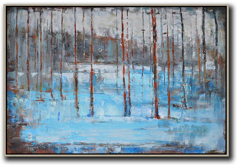 Horizontal Abstract Landscape Oil Painting On Canvas,Giant Canvas Wall Art,Blue,Red,Grey